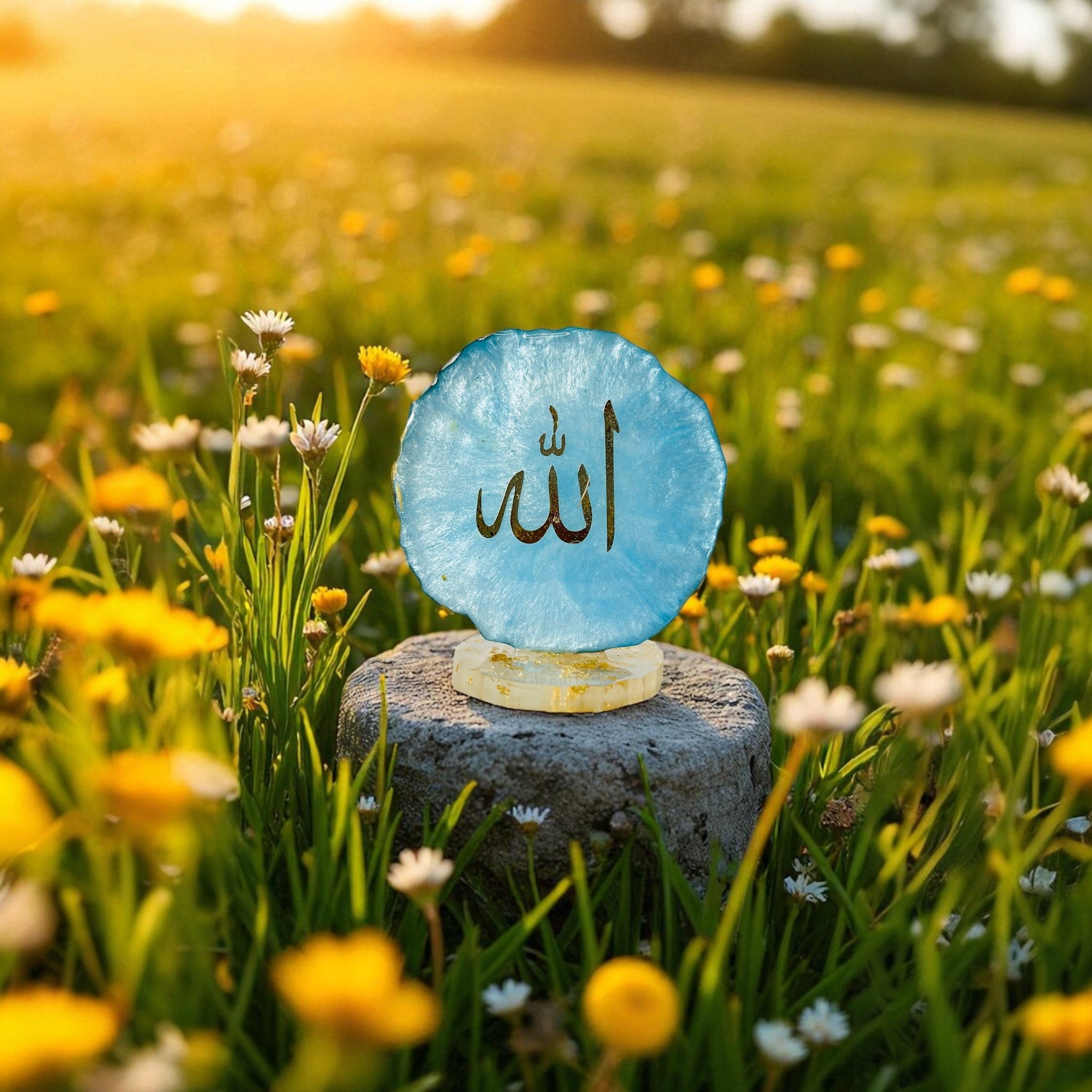 Blue & Gold Resin Allah Table Décor  Handmade Resin Allah Art – Blue & Gold  Islamic Resin Décor – Allah Calligraphy