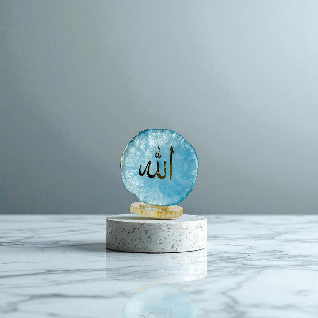 Blue & Gold Resin Allah Table Décor  Handmade Resin Allah Art – Blue & Gold  Islamic Resin Décor – Allah Calligraphy