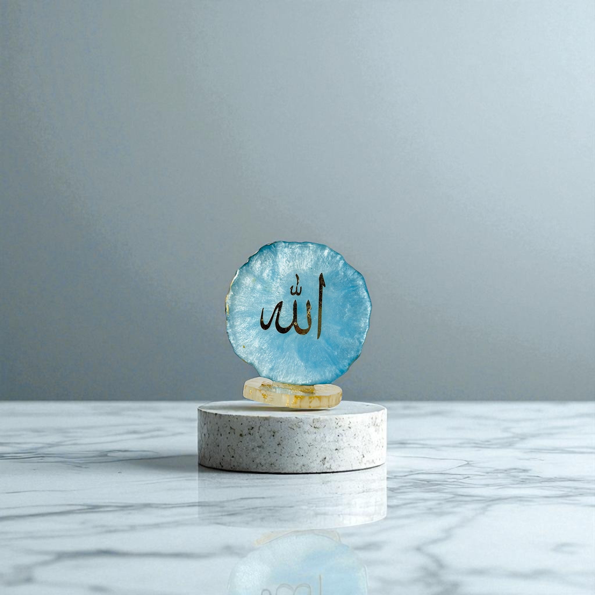 Blue & Gold Resin Allah Table Décor  Handmade Resin Allah Art – Blue & Gold  Islamic Resin Décor – Allah Calligraphy