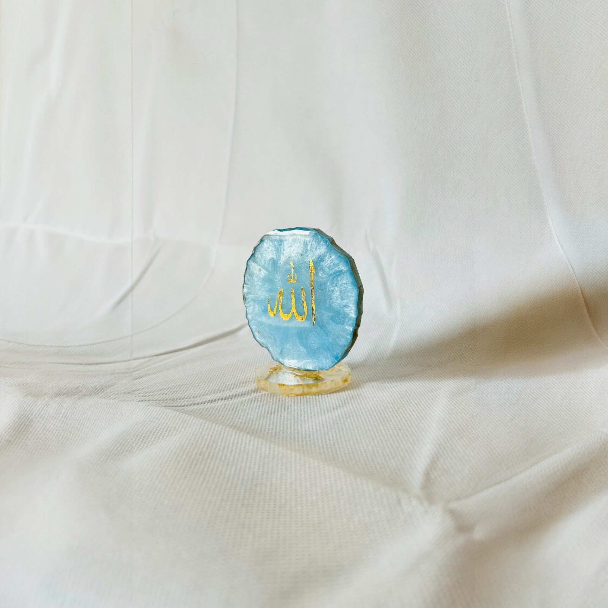 Blue & Gold Resin Allah Table Décor  Handmade Resin Allah Art – Blue & Gold  Islamic Resin Décor – Allah Calligraphy