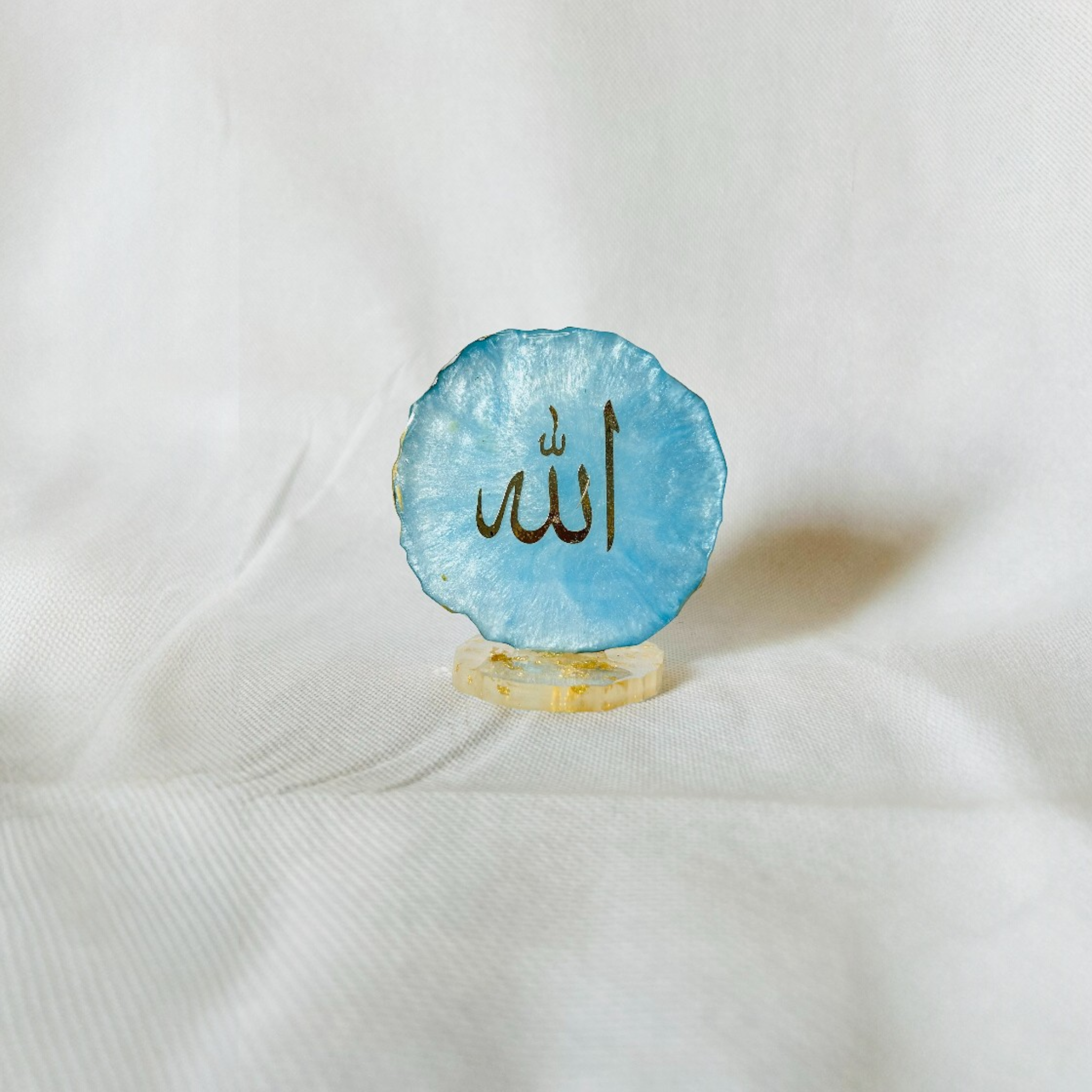 Blue & Gold Resin Allah Table Décor  Handmade Resin Allah Art – Blue & Gold  Islamic Resin Décor – Allah Calligraphy
