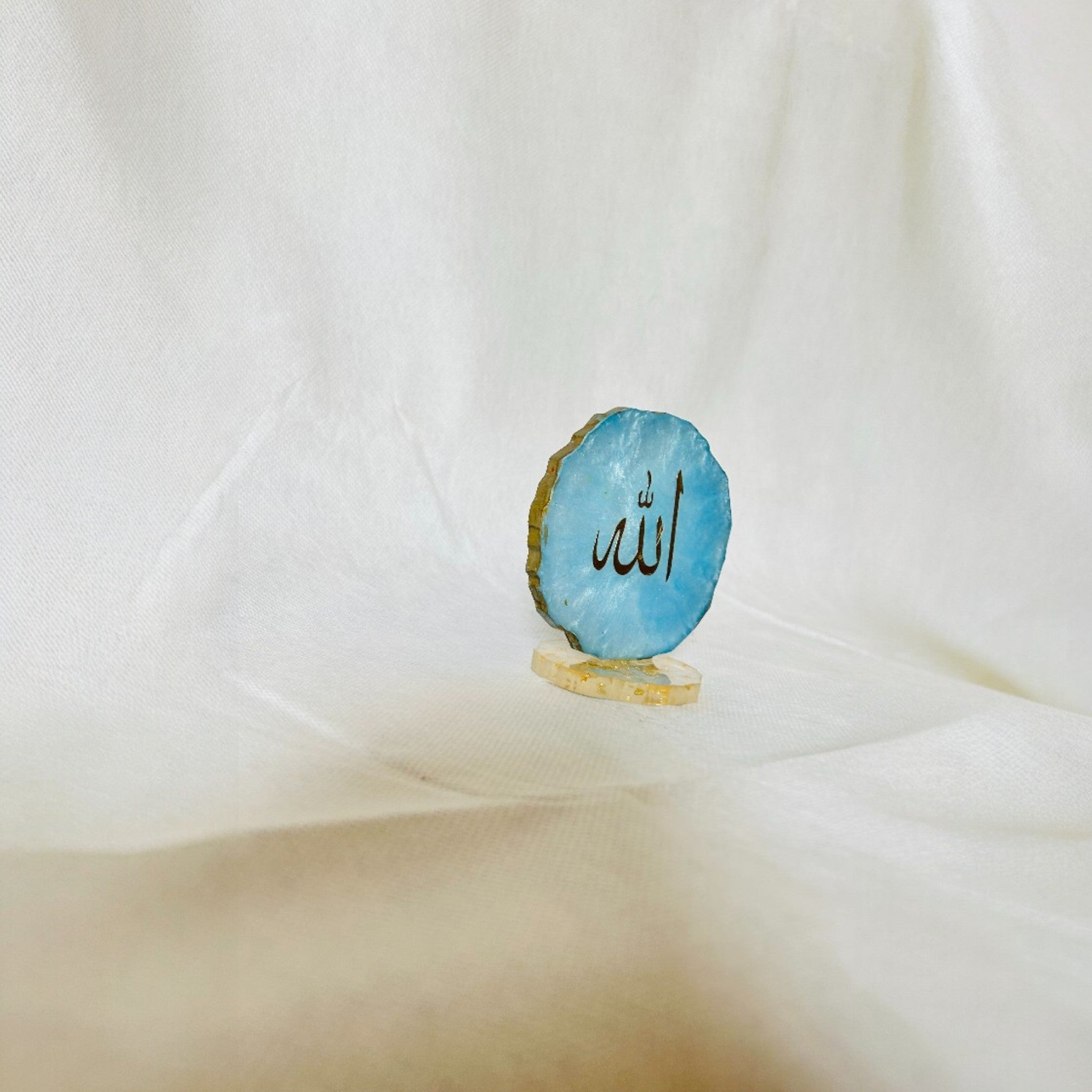 Blue & Gold Resin Allah Table Décor  Handmade Resin Allah Art – Blue & Gold  Islamic Resin Décor – Allah Calligraphy