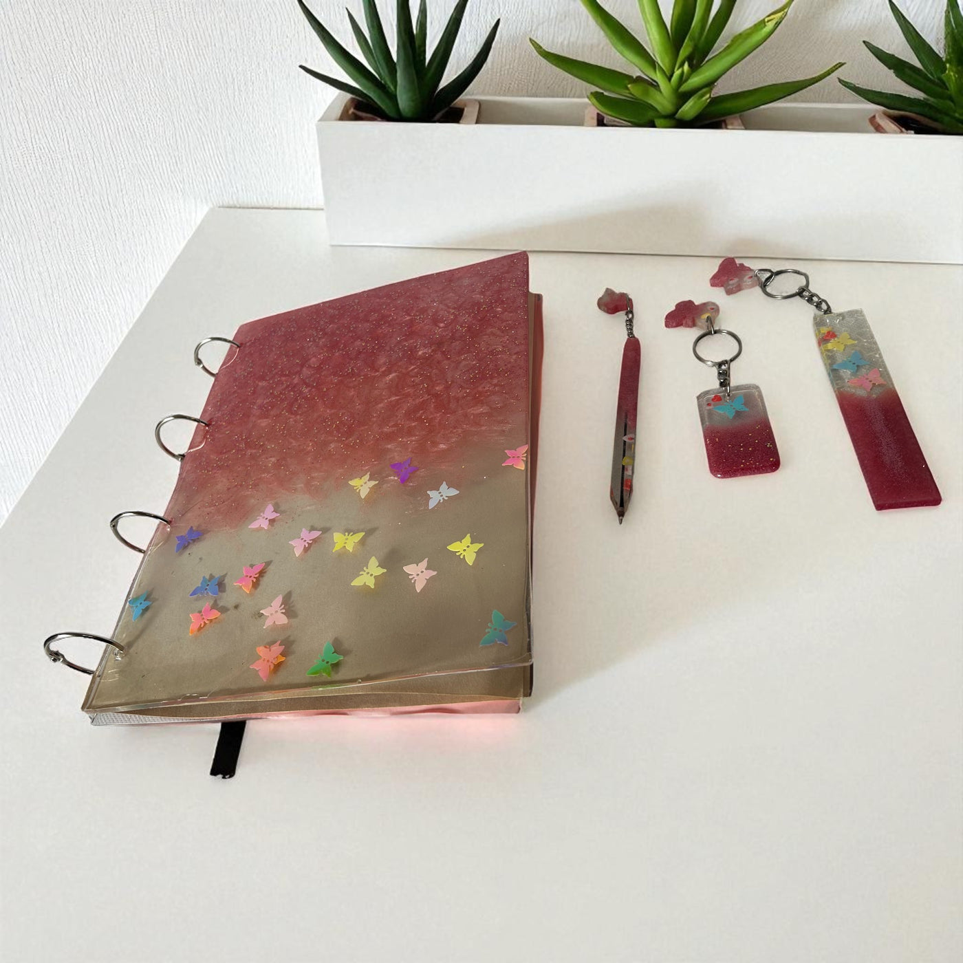 Handmade Resin Diary Gift Set – Pink & Gold with Pen, Keychains & Bookmark