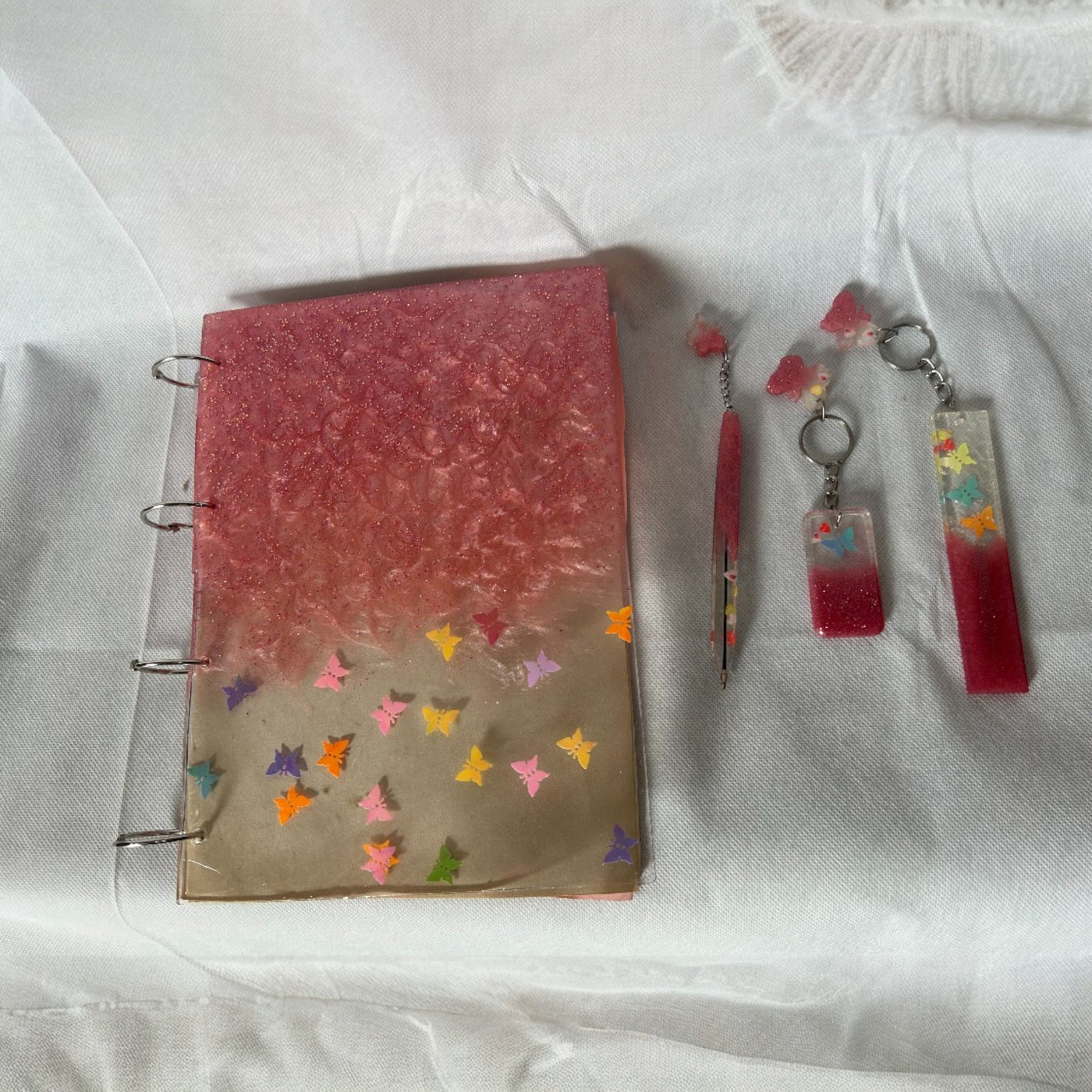 Handmade Resin Diary Gift Set – Pink & Gold with Pen, Keychains & Bookmark