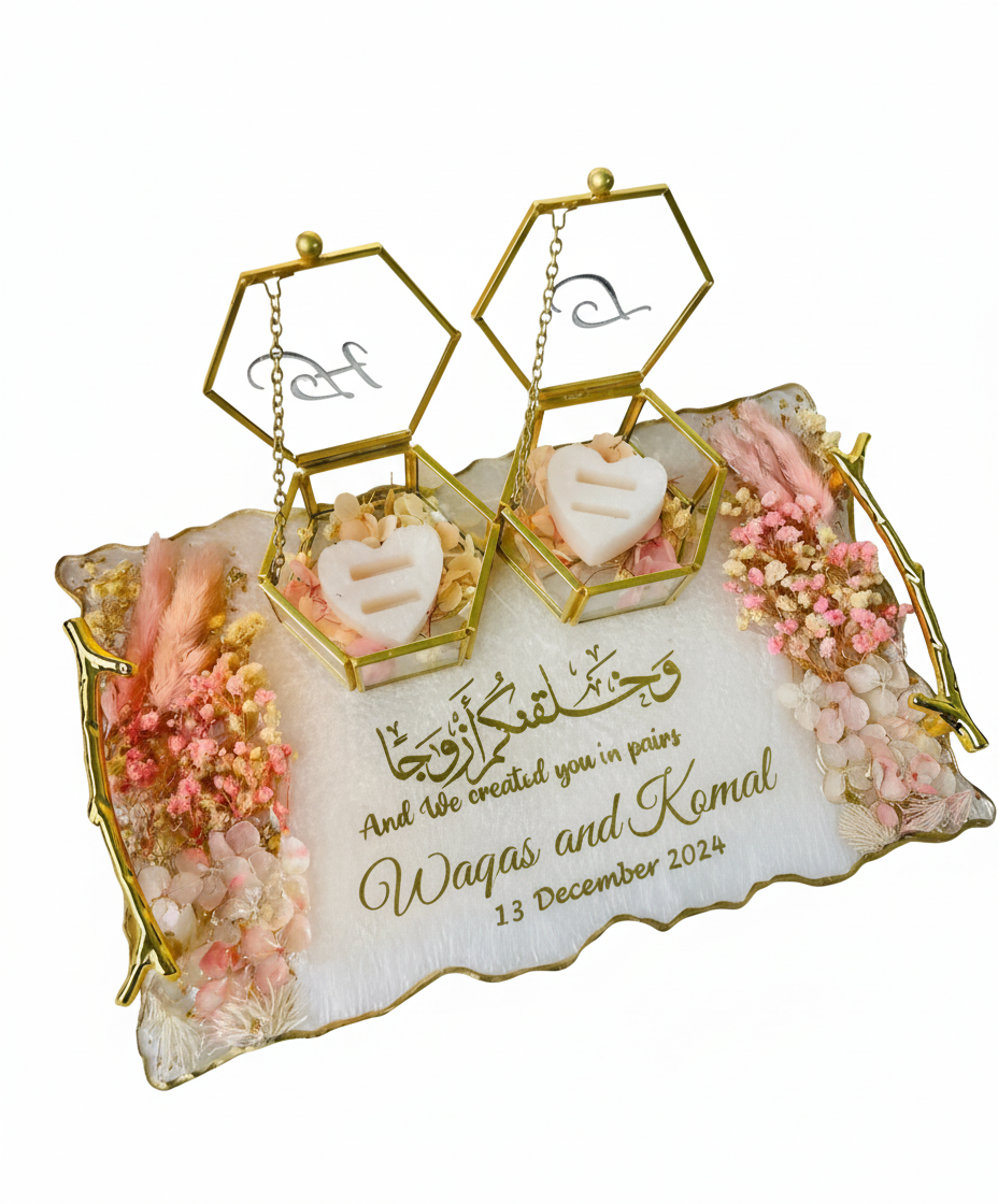 Luxury Islamic Nikkah Ring Tray – Personalized Resin Base with Gold Stands & Floral Arrangement