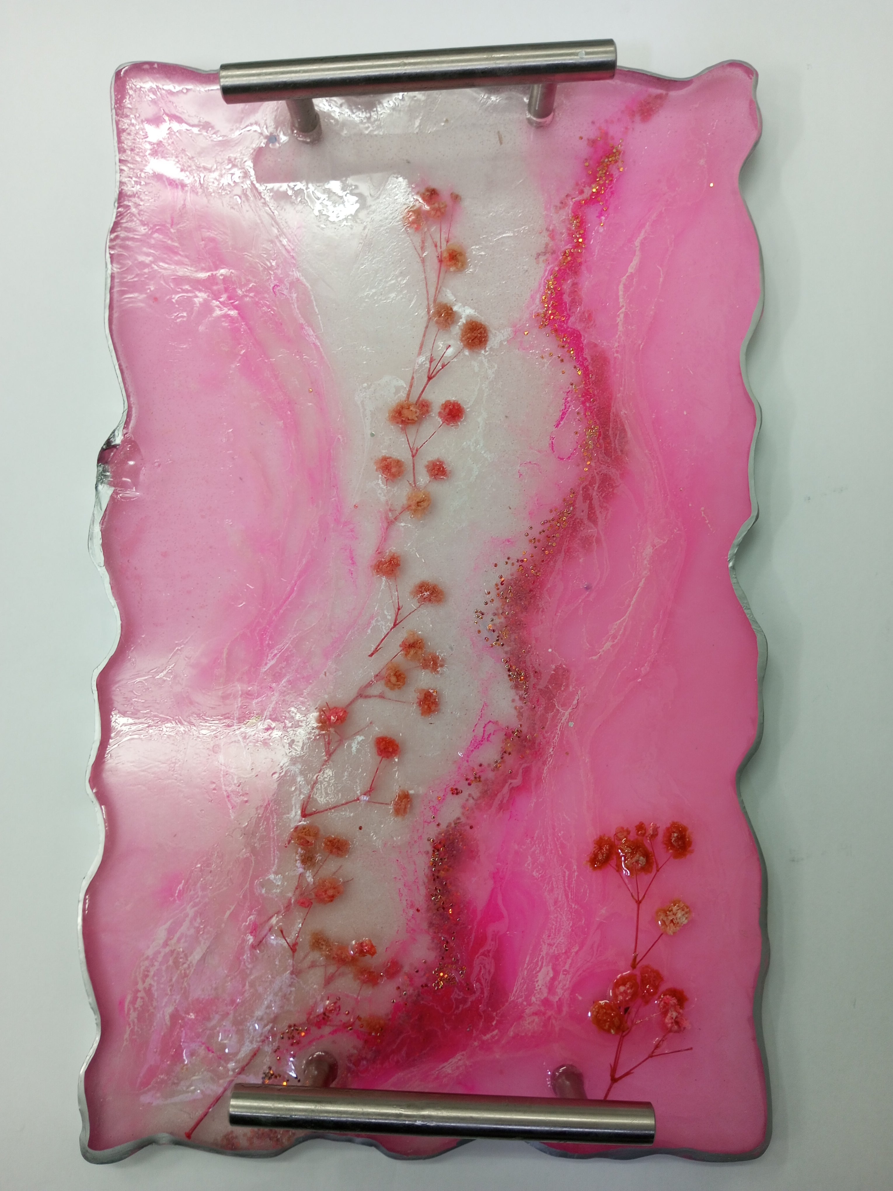 Luxurious Emerald pink Resin Tray with Ornate silver Handles | Decorative Customized Tray | Handmade Epoxy Art Tray | Gift for Her