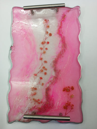 Luxurious Emerald pink Resin Tray with Ornate silver Handles | Decorative Customized Tray | Handmade Epoxy Art Tray | Gift for Her