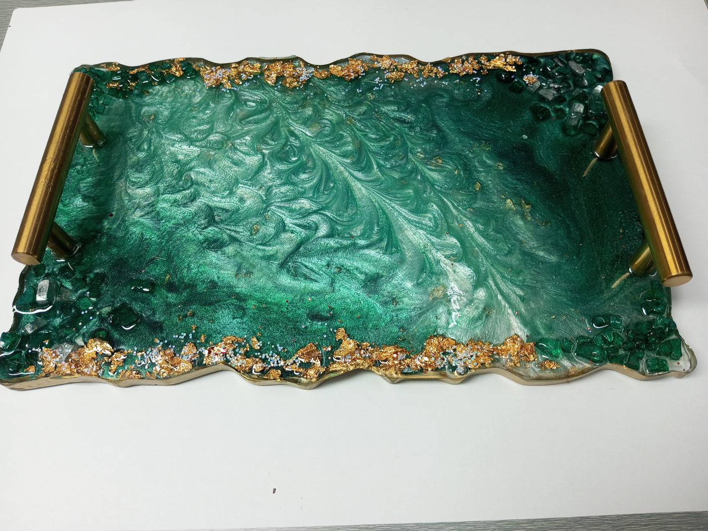 Luxurious Emerald Green Resin Tray with Ornate Gold Handles | Decorative Customized Tray | Handmade Epoxy Art Tray | Gift for Her