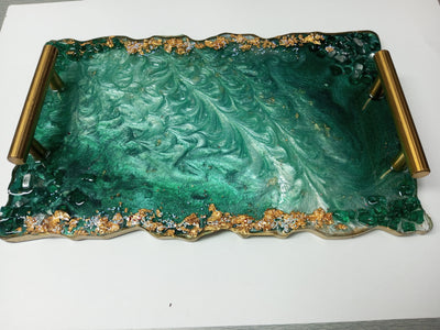 Luxurious Emerald Green Resin Tray with Ornate Gold Handles | Decorative Customized Tray | Handmade Epoxy Art Tray | Gift for Her
