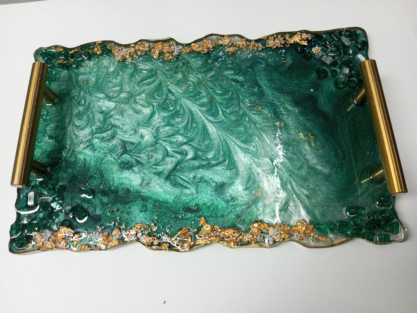 Luxurious Emerald Green Resin Tray with Ornate Gold Handles | Decorative Customized Tray | Handmade Epoxy Art Tray | Gift for Her
