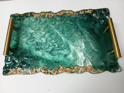 Luxurious Emerald Green Resin Tray with Ornate Gold Handles | Decorative Customized Tray | Handmade Epoxy Art Tray | Gift for Her