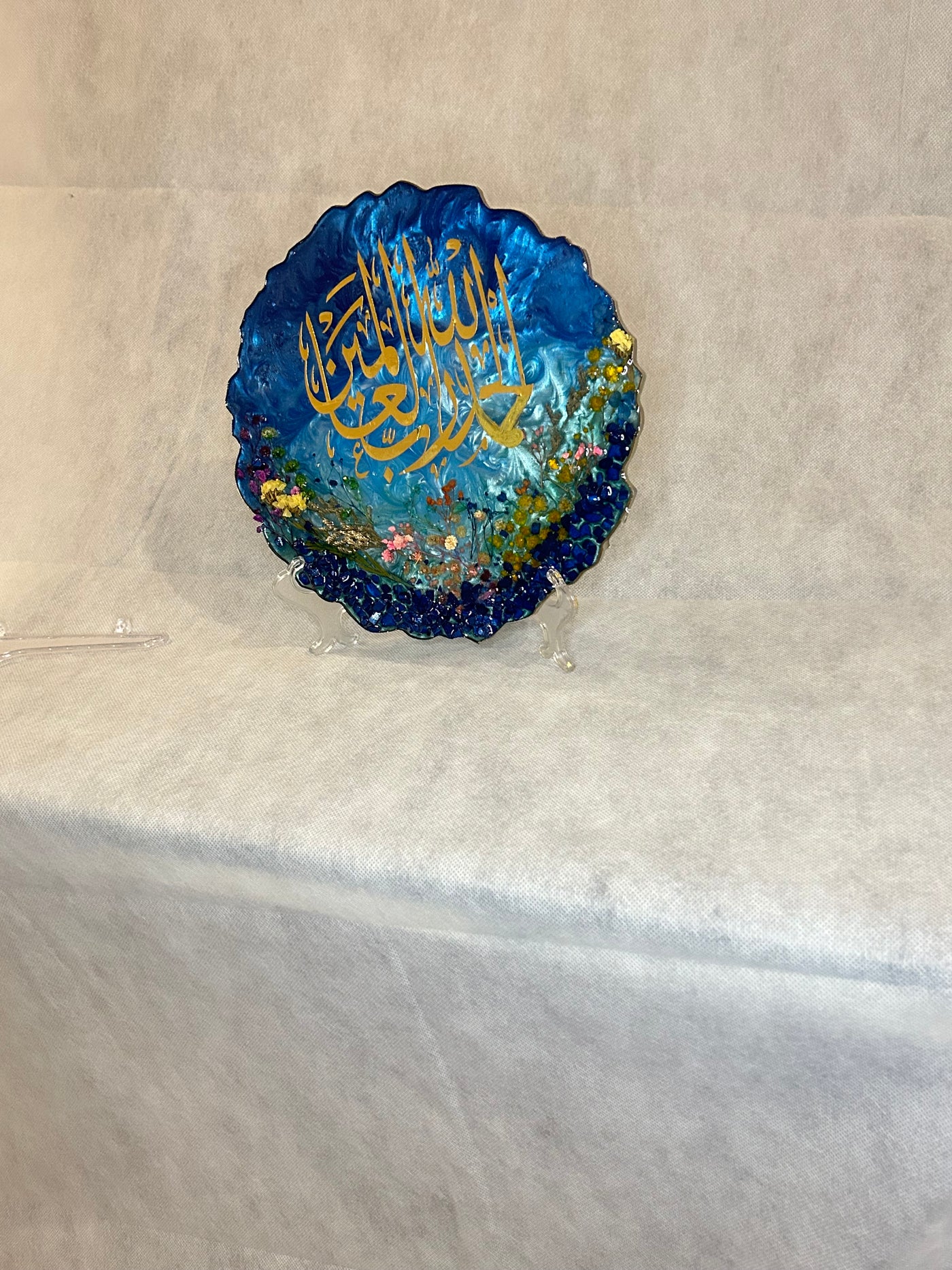 Resin Ocean Blue and gold Alhumdulillah frame with free stand/Chain, Wedding Gift ,Islamic Decoration Pieces, Ayat ul kursi Frame decor