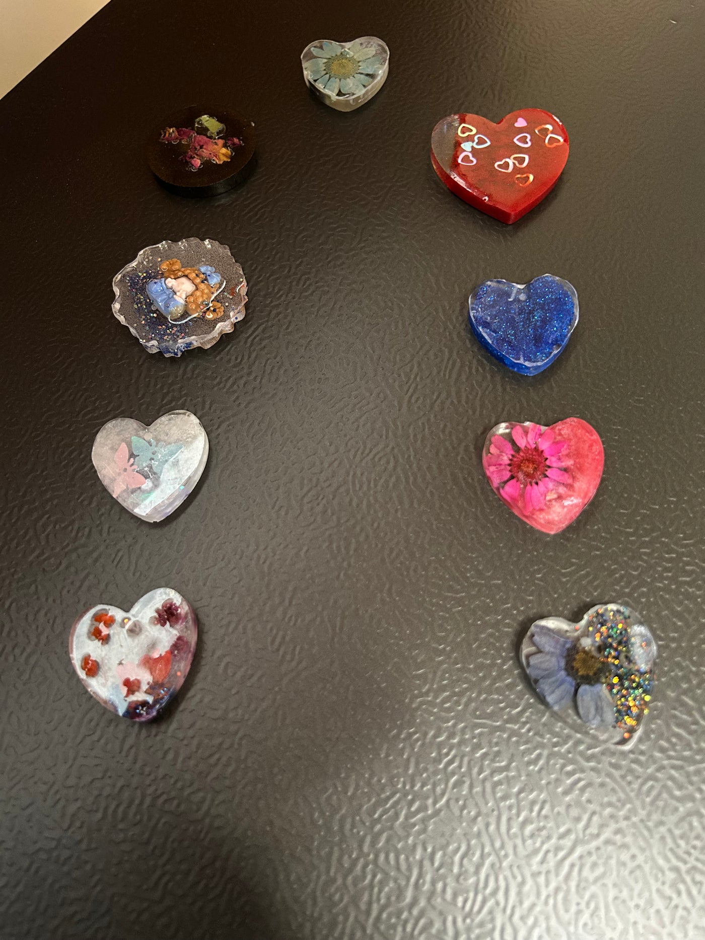 Handmade Resin Magnet Set – 9 Decorative Pieces heart shaped with Floral & Artistic Designs