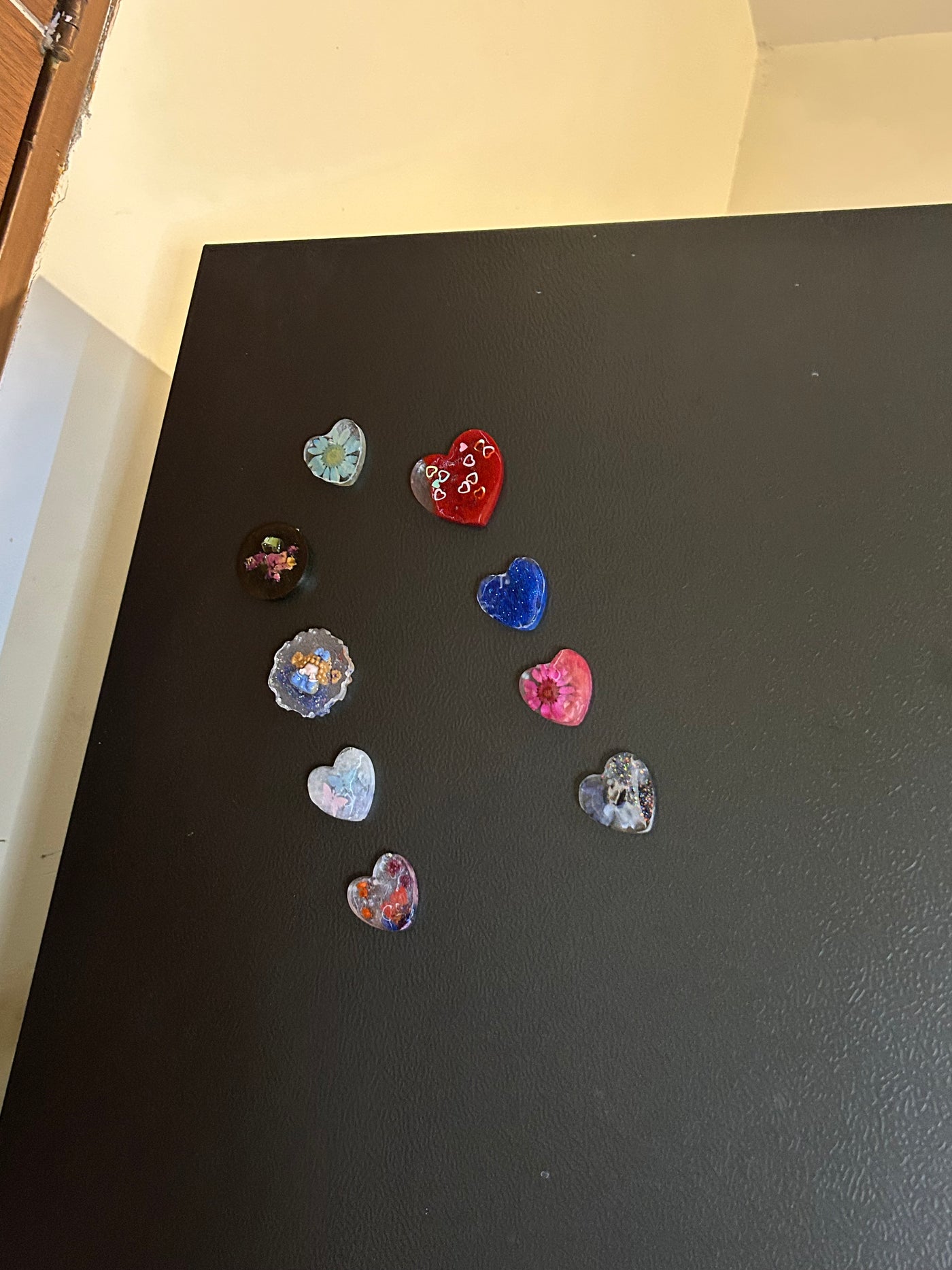 Handmade Resin Magnet Set – 9 Decorative Pieces heart shaped with Floral & Artistic Designs