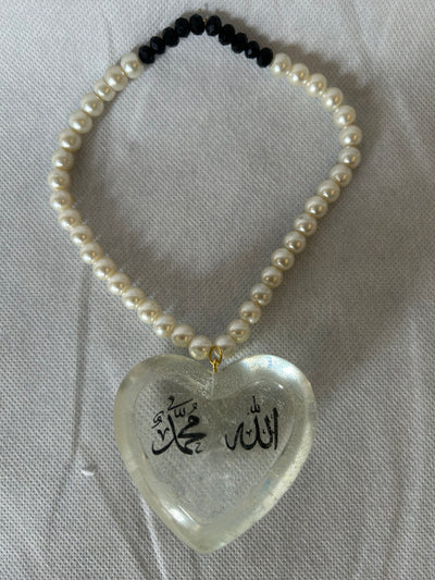 Transparent Resin 3D Heart Car Hanging – Allah & Muhammad Calligraphy, Resin Islamic Car Decoration, Muslim Car Accessories,