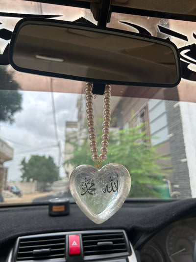 Transparent Resin 3D Heart Car Hanging – Allah & Muhammad Calligraphy, Resin Islamic Car Decoration, Muslim Car Accessories,