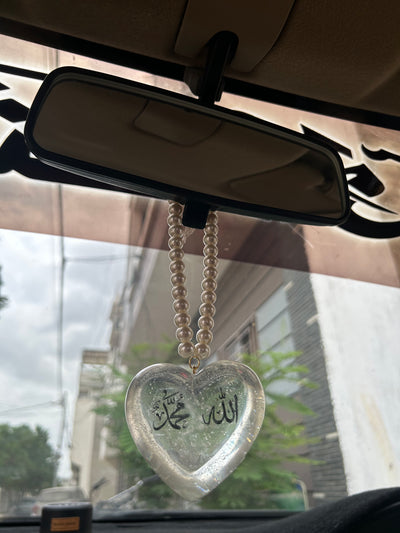 Transparent Resin 3D Heart Car Hanging – Allah & Muhammad Calligraphy, Resin Islamic Car Decoration, Muslim Car Accessories,