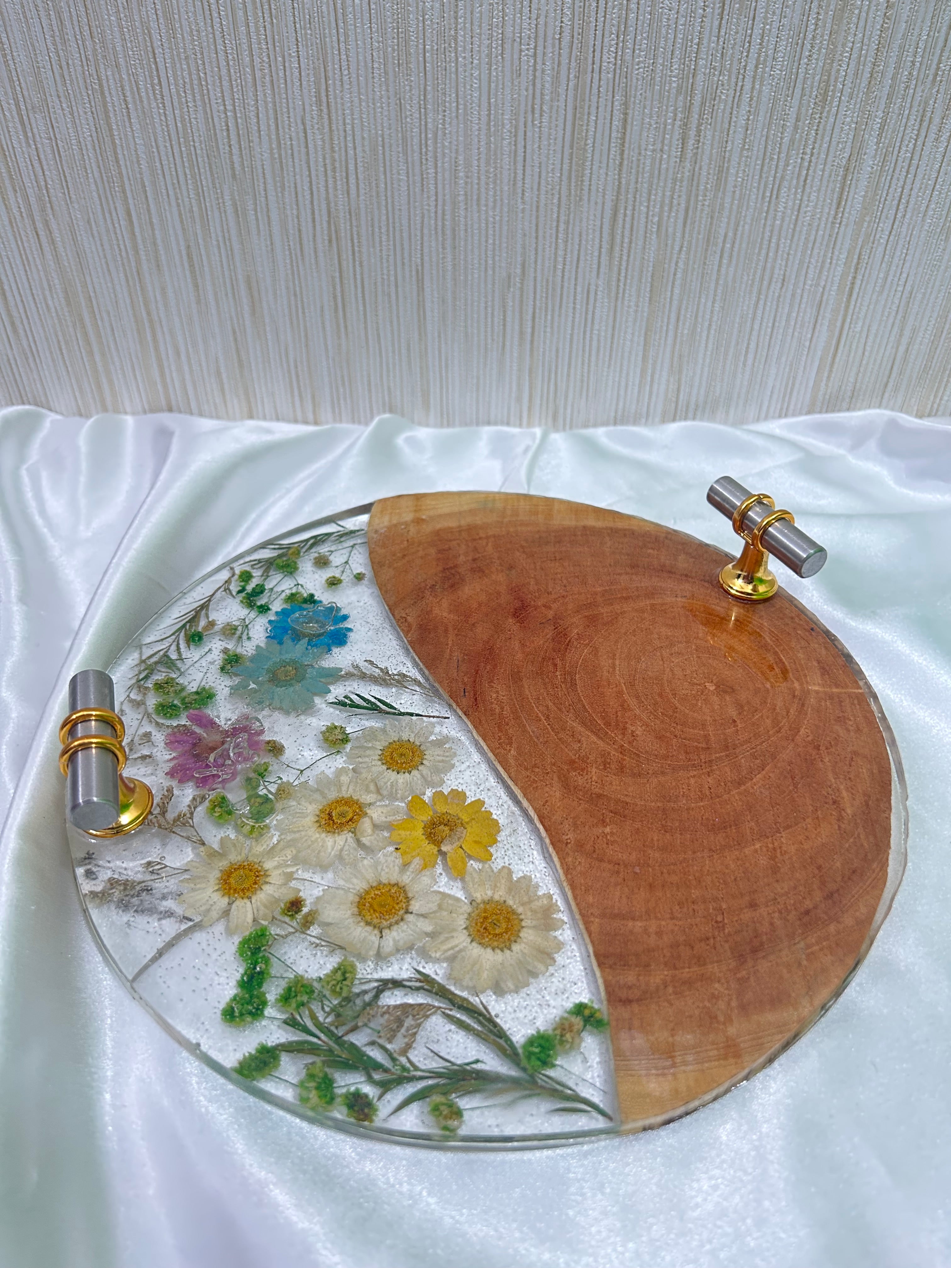 Handcrafted Round Epoxy Resin Tray half wood and half transparent with pressed flowers
