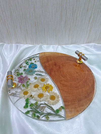 Handcrafted Round Resin & Wood Tray with Pressed Flowers