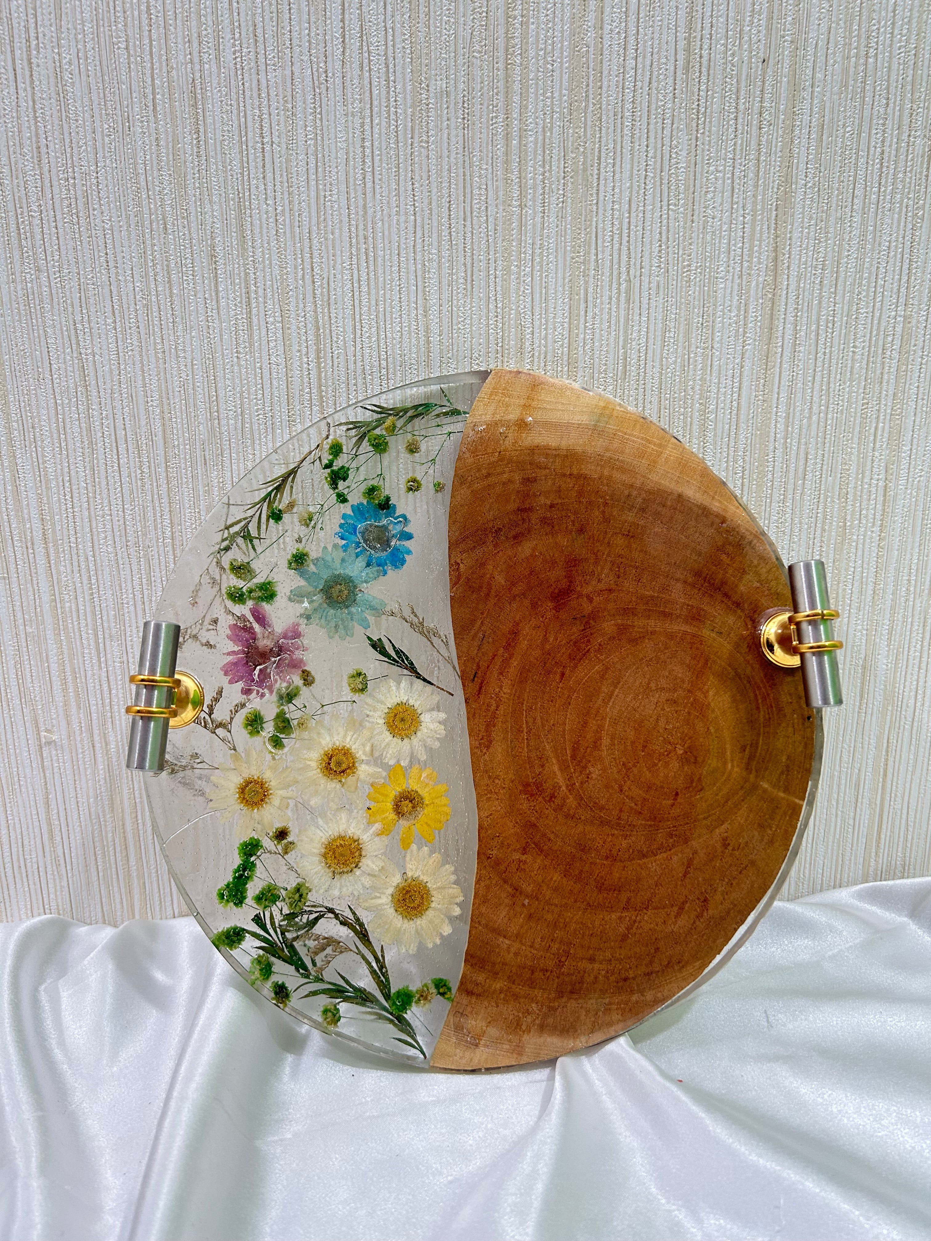 Handcrafted Round Epoxy Resin Tray half wood and half transparent with pressed flowers