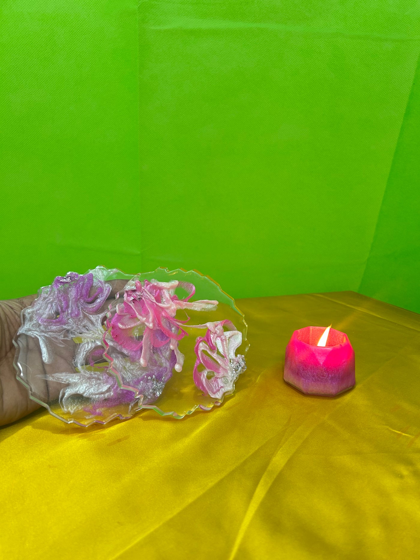 set of two Pink Sparkle flower crystal Tea coasters, handmade epoxy resin coasters, 6” diameter, light pink coaster sets of 2 with free candle