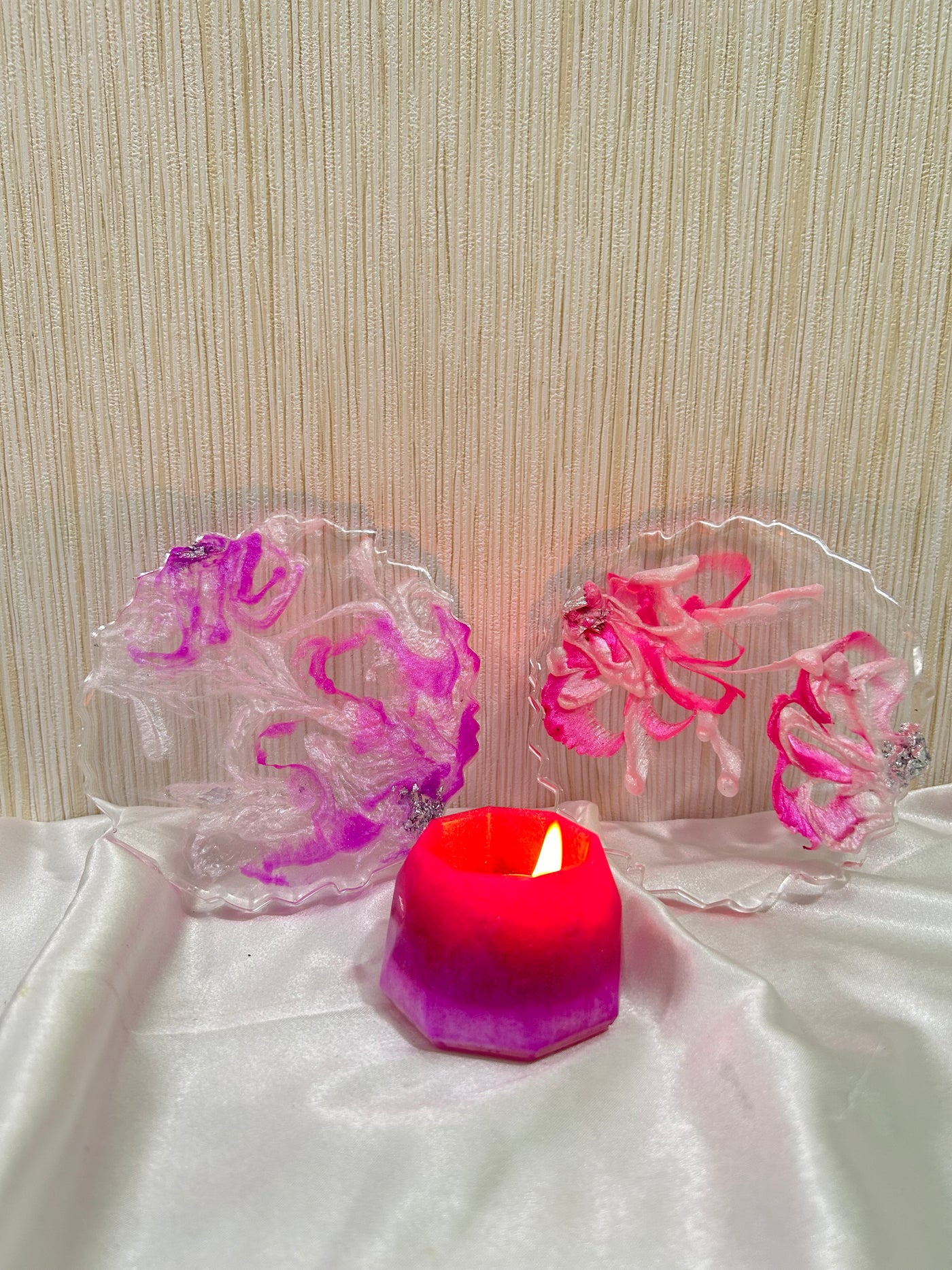 set of two Pink Sparkle flower crystal Tea coasters, handmade epoxy resin coasters, 6” diameter, light pink coaster sets of 2 with free candle
