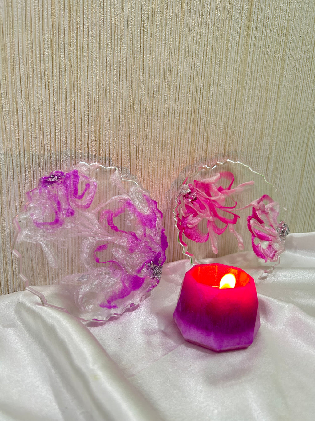 set of two Pink Sparkle flower crystal Tea coasters, handmade epoxy resin coasters, 6” diameter, light pink coaster sets of 2 with free candle