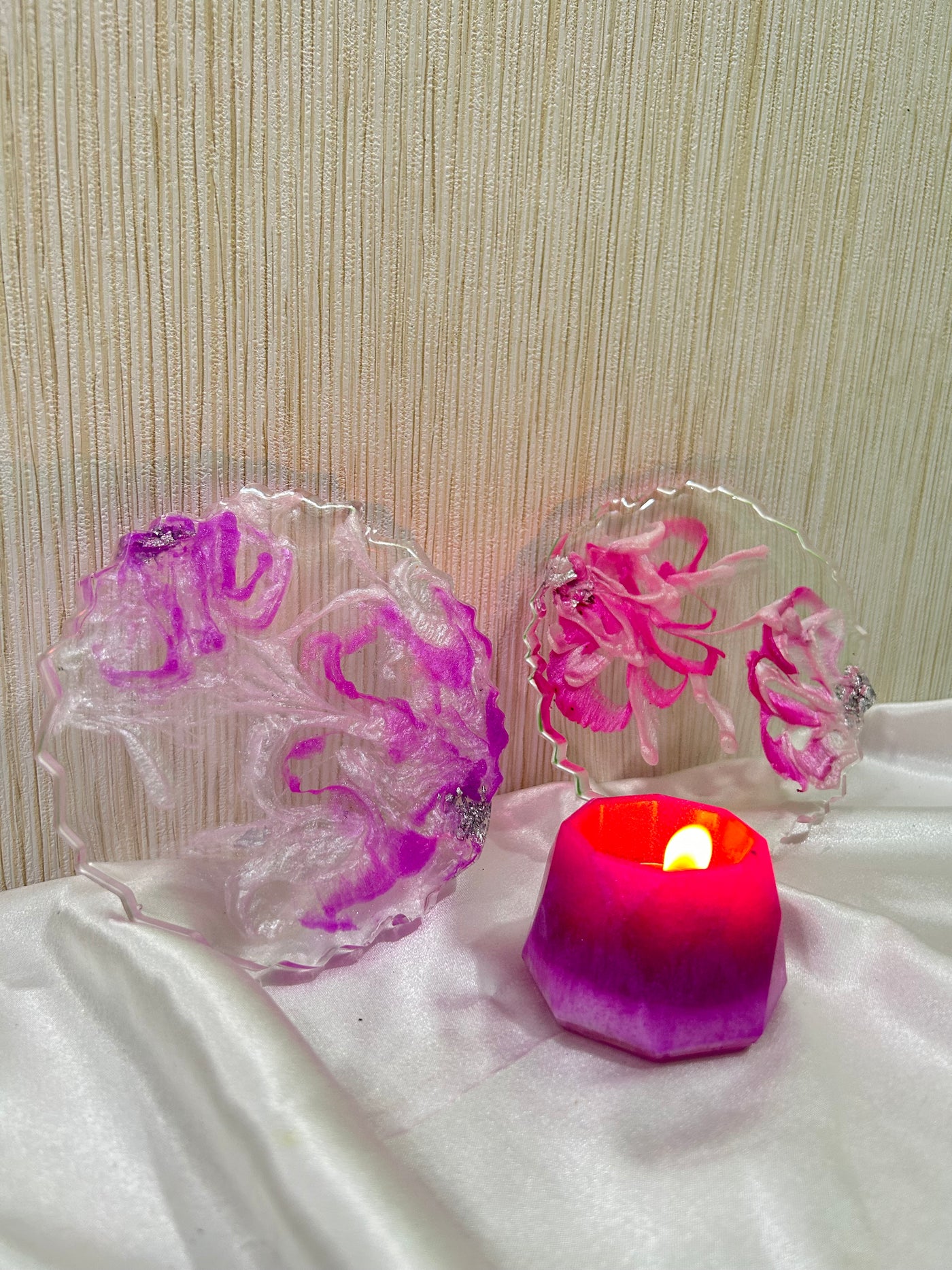 set of two Pink Sparkle flower crystal Tea coasters, handmade epoxy resin coasters, 6” diameter, light pink coaster sets of 2 with free candle