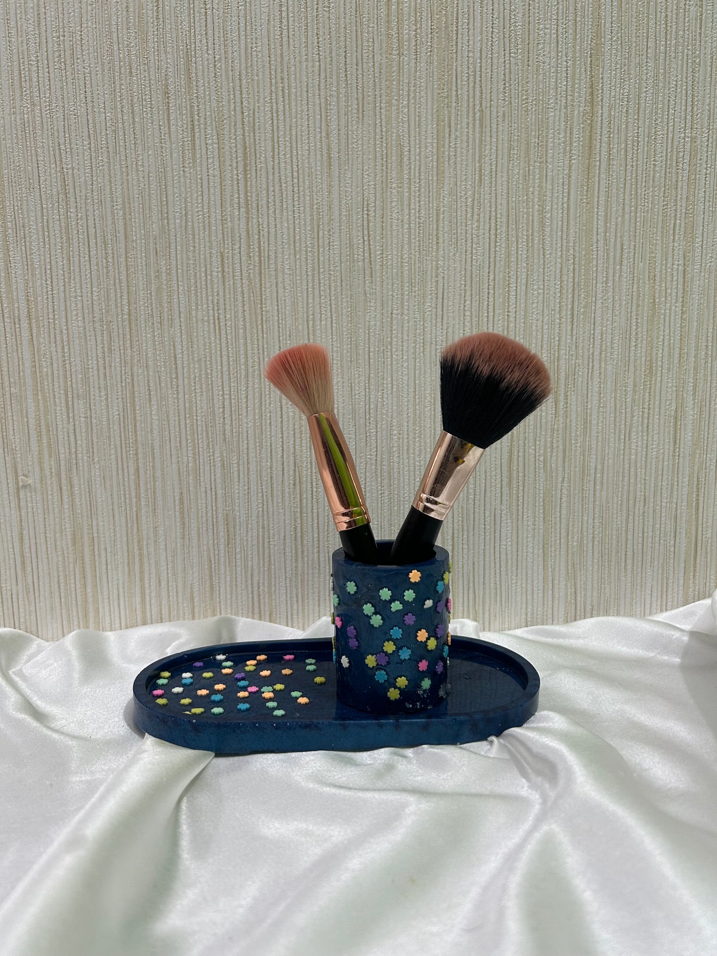 Blue Resin Oval Trinket Tray  with brush holder| Epoxy Decorative with multicolour stars Tray | Stylish Jewelry & Key Organizer