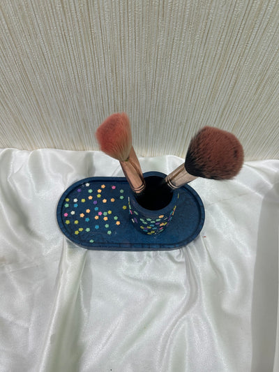 Blue Resin Oval Trinket Tray  with brush holder| Epoxy Decorative with multicolour stars Tray | Stylish Jewelry & Key Organizer