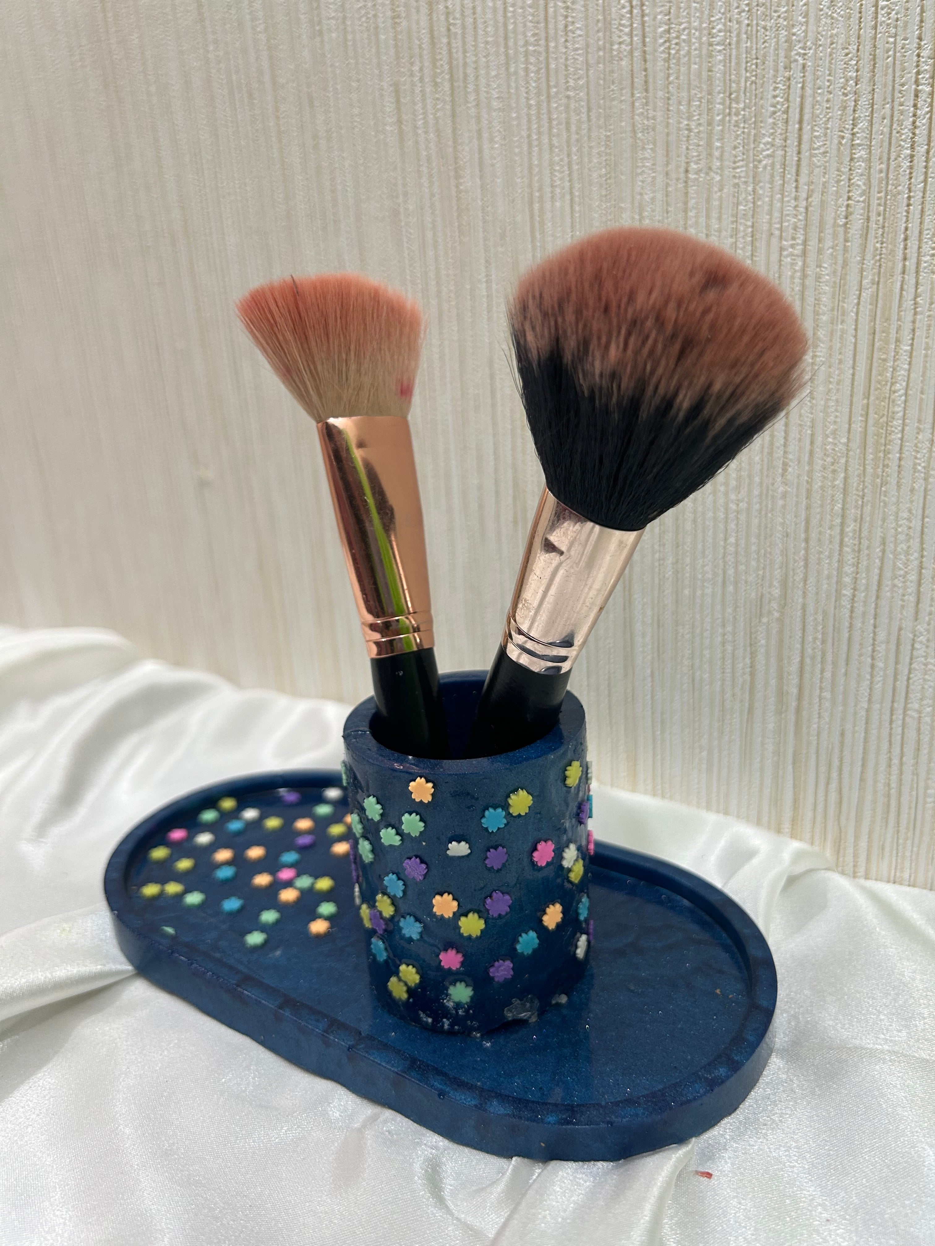Blue Resin Oval Trinket Tray  with brush holder| Epoxy Decorative with multicolour stars Tray | Stylish Jewelry & Key Organizer