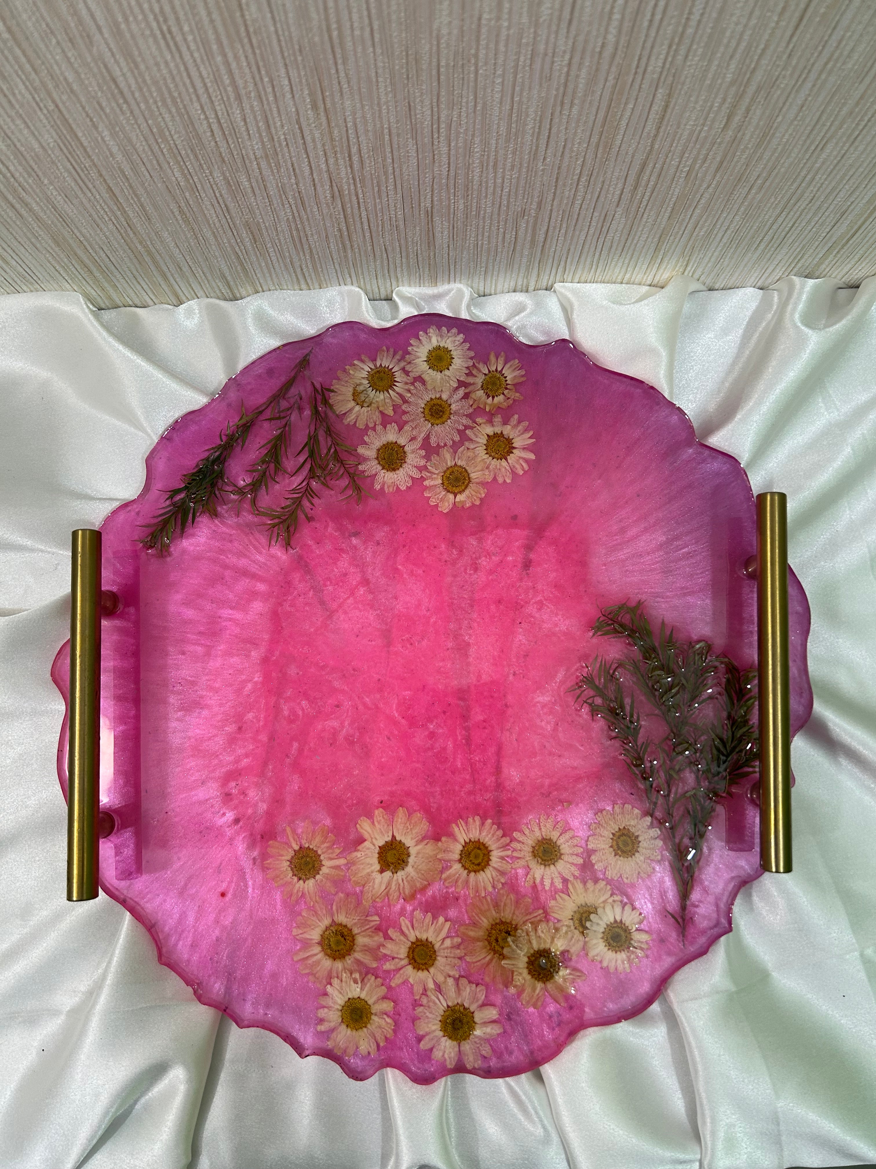 Round Shaped 14" - resin Vanity Tray in pink colour with pressed flowers and golden handles- , Perfume Resin Tray