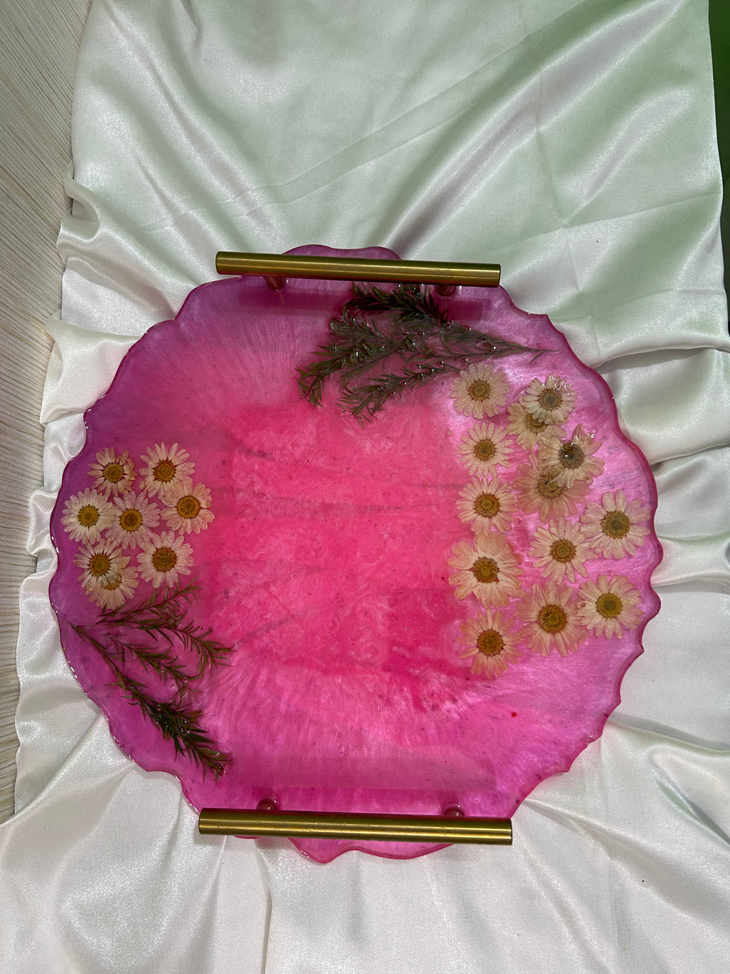 Round Shaped 14" - resin Vanity Tray in pink colour with pressed flowers and golden handles- , Perfume Resin Tray