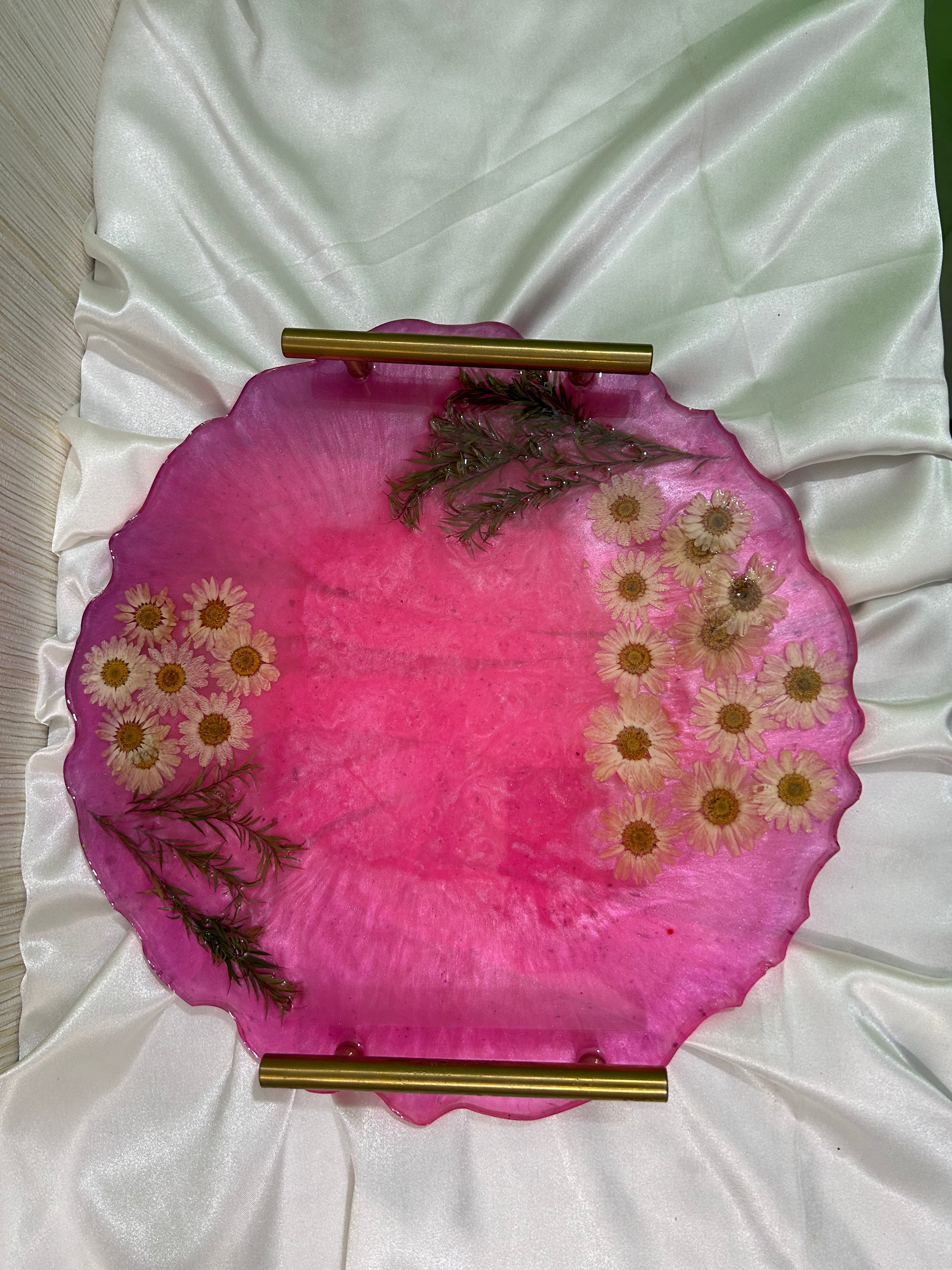Round Shaped 14" - resin Vanity Tray in pink colour with pressed flowers and golden handles- , Perfume Resin Tray