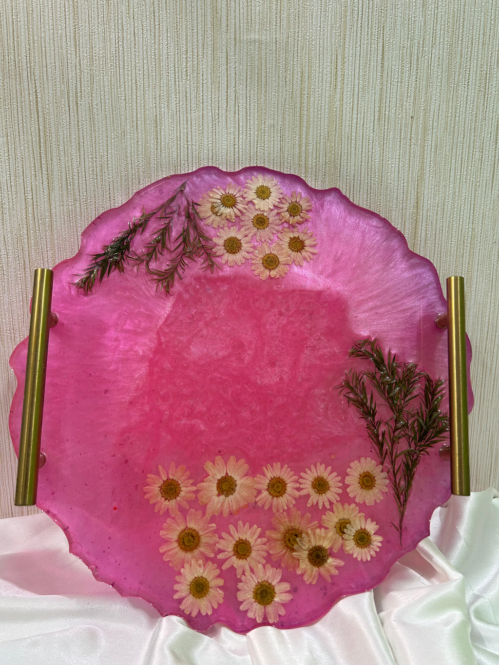 Round Shaped 14" - resin Vanity Tray in pink colour with pressed flowers and golden handles- , Perfume Resin Tray