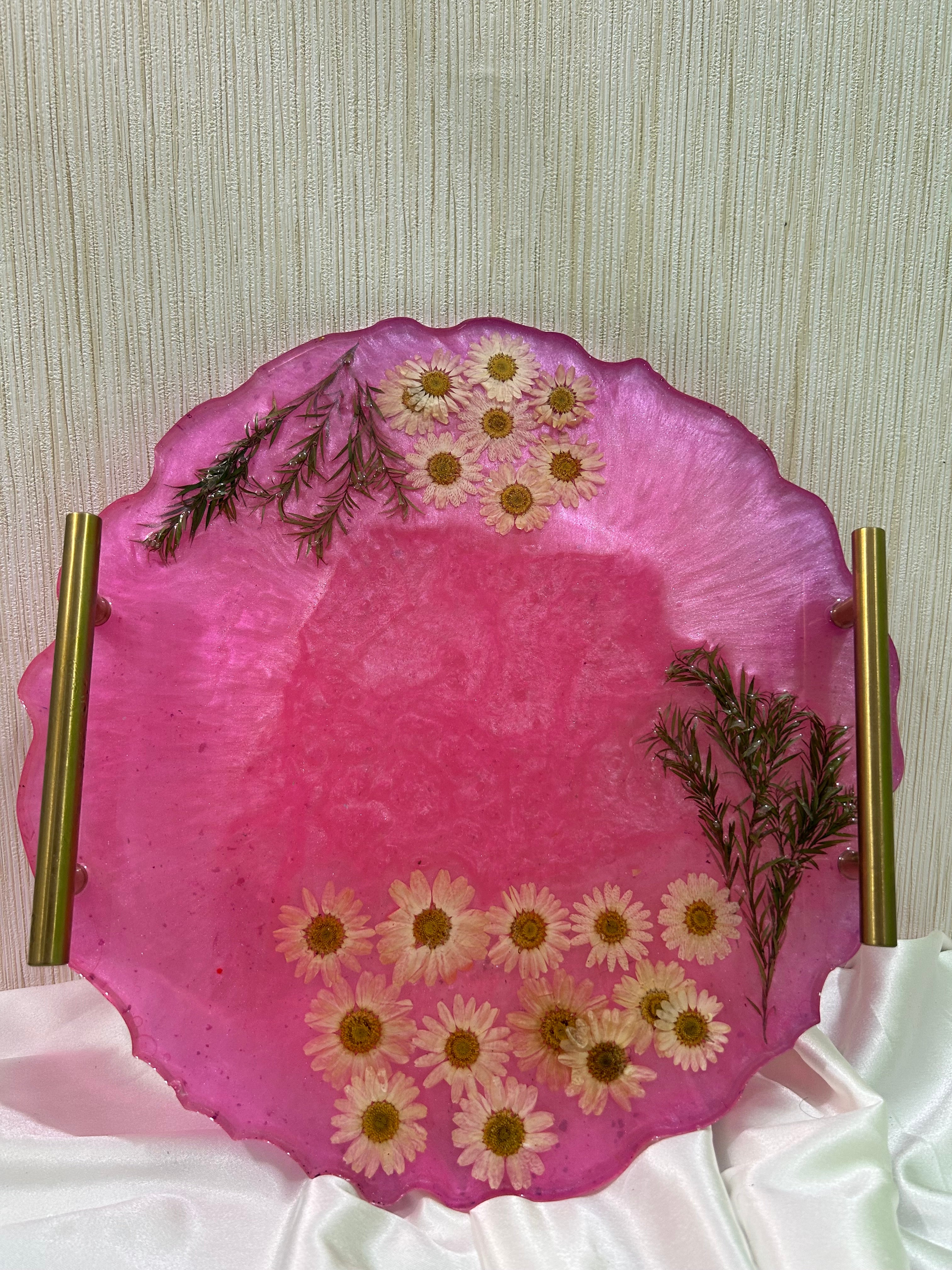 Round Shaped 14" - resin Vanity Tray in pink colour with pressed flowers and golden handles- , Perfume Resin Tray
