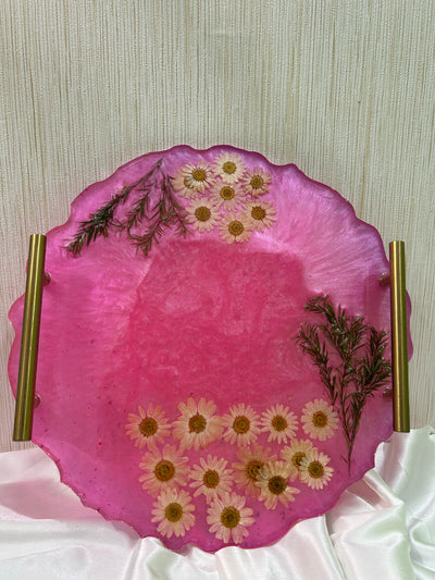 Round 14" Pink Resin Vanity Tray with Flowers & Gold Handles