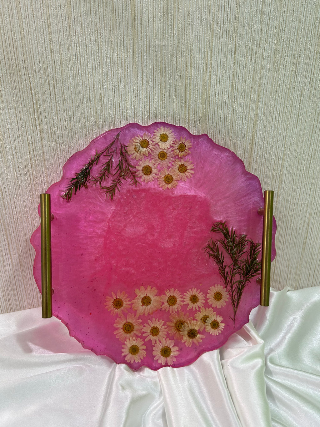 Round Shaped 14" - resin Vanity Tray in pink colour with pressed flowers and golden handles- , Perfume Resin Tray