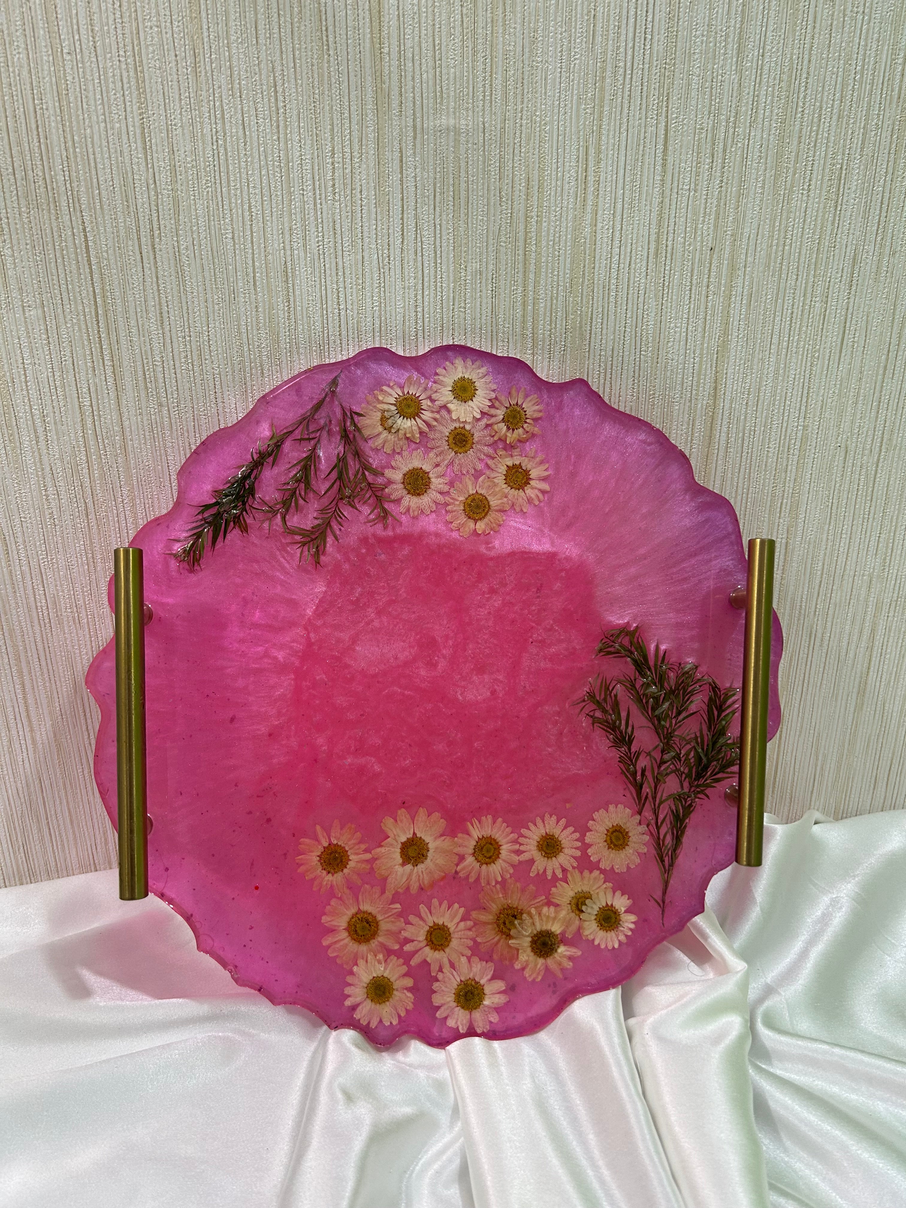 Round Shaped 14" - resin Vanity Tray in pink colour with pressed flowers and golden handles- , Perfume Resin Tray