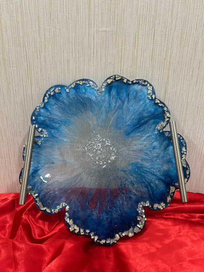 Handmade Resin Serving Tray – Blue Floral Design with Metal Handles