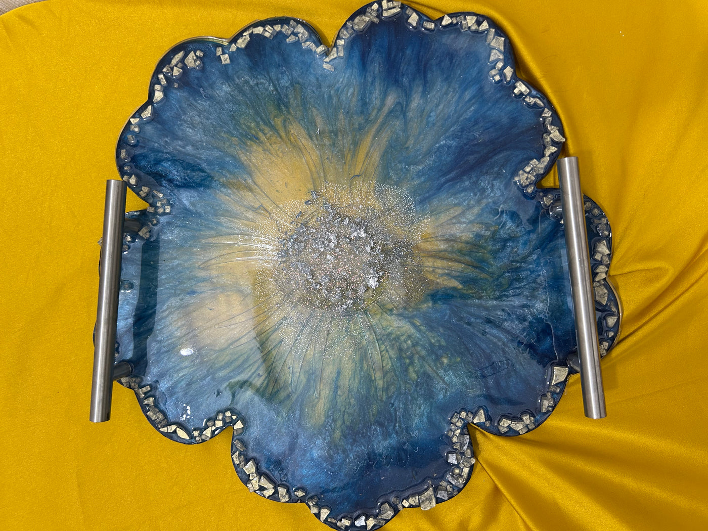 Handmade Resin Serving Tray – Blue Floral Design with Metal Handles