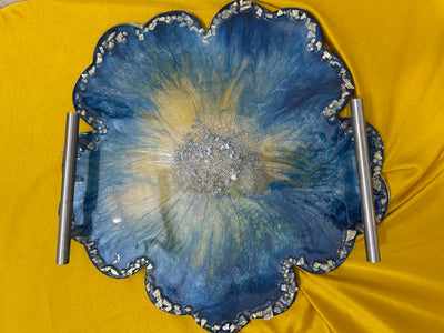 Handmade Resin Serving Tray – Blue Floral Design with Metal Handles