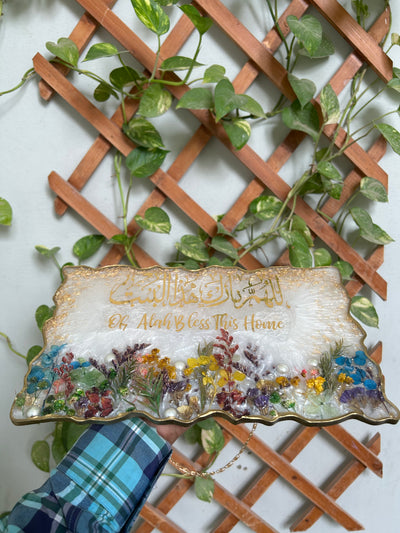 Handmade Resin Wall Hanging – “Oh Allah Bless This Home” with Floral Design