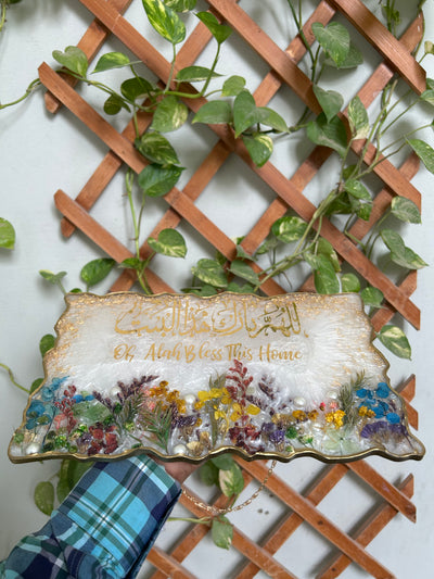 Handmade Resin Wall Hanging – “Oh Allah Bless This Home” with Floral Design