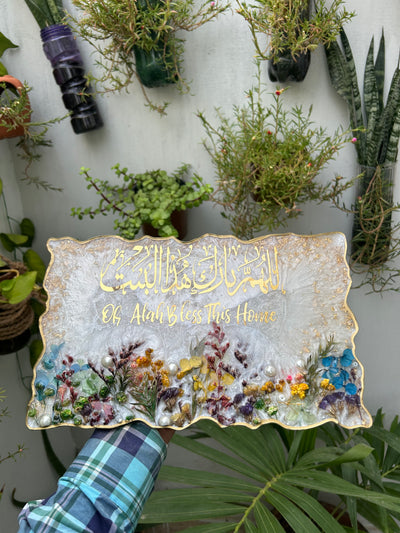Handmade Resin Wall Hanging – “Oh Allah Bless This Home” with Floral Design