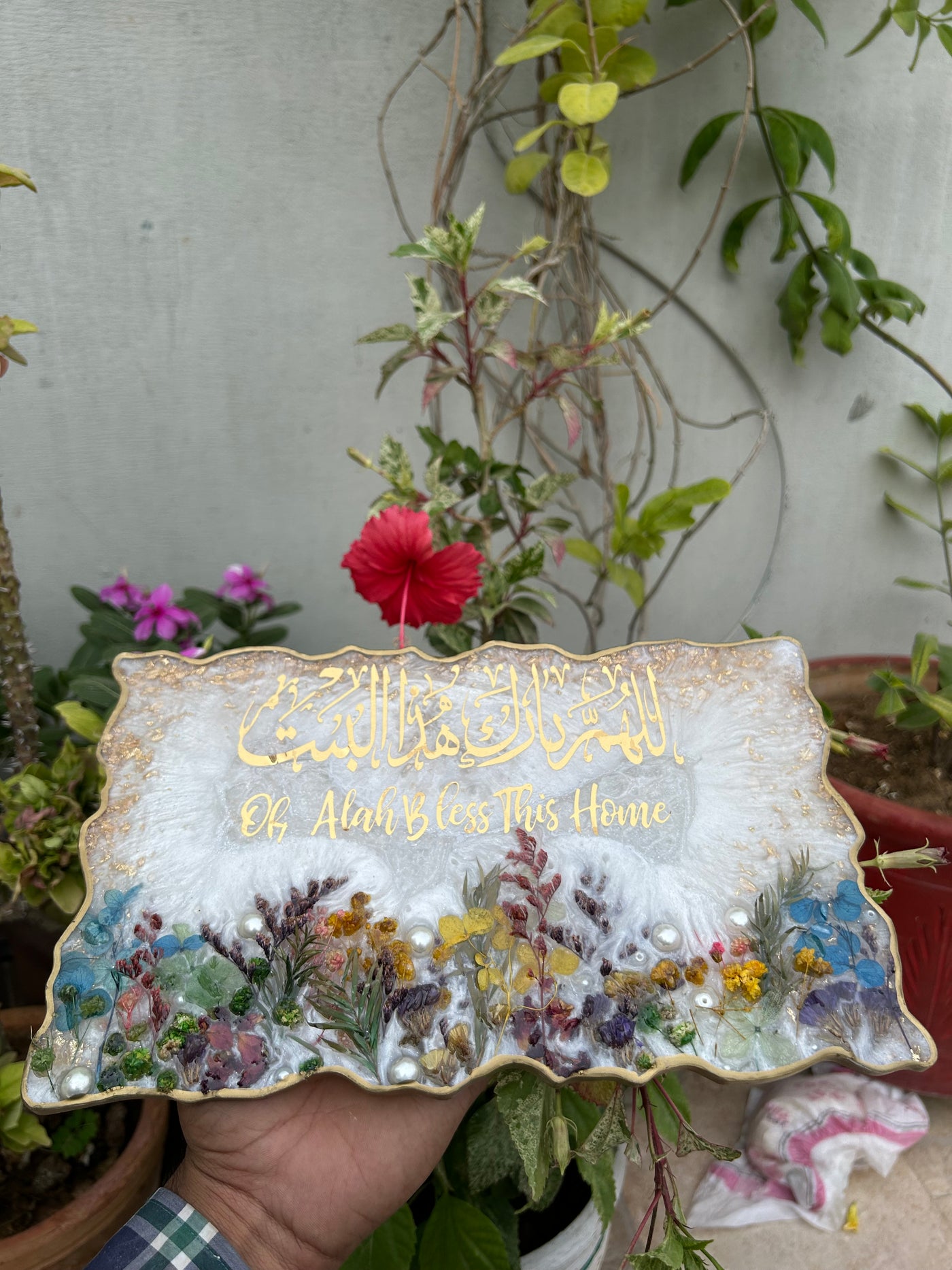 Handmade Resin Wall Hanging – “Oh Allah Bless This Home” with Floral Design