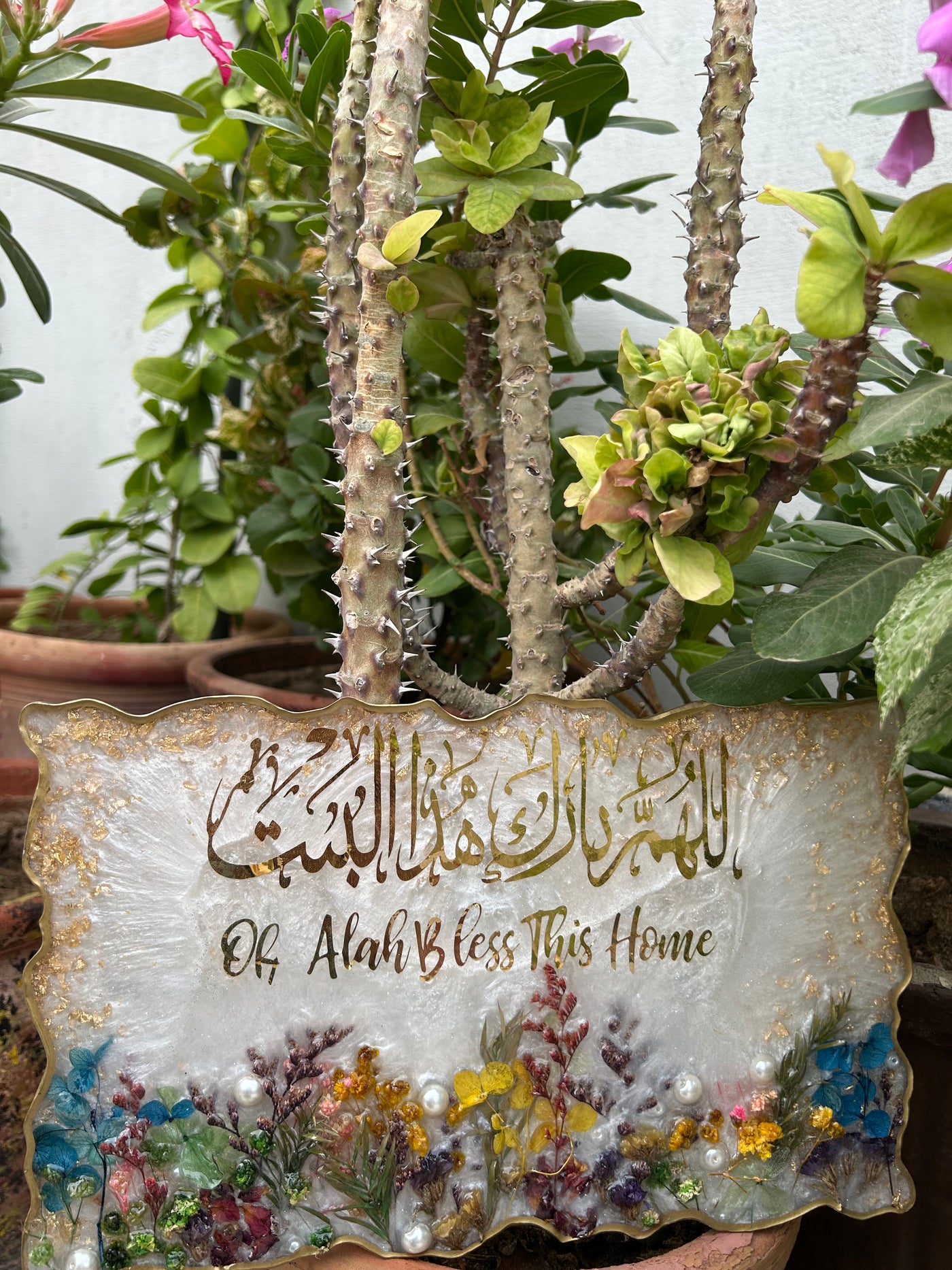 Handmade Resin Wall Hanging – “Oh Allah Bless This Home” with Floral Design