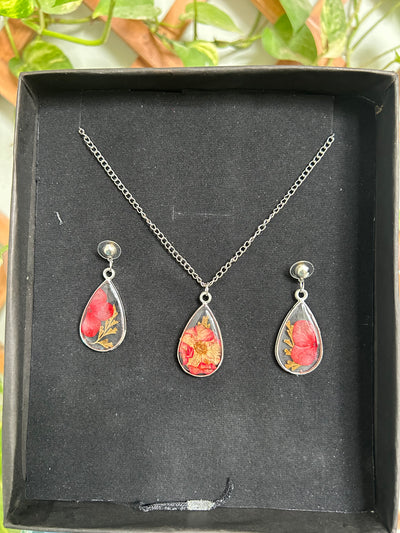 Handmade Resin Chain Locket & Earrings Set – Floral Design