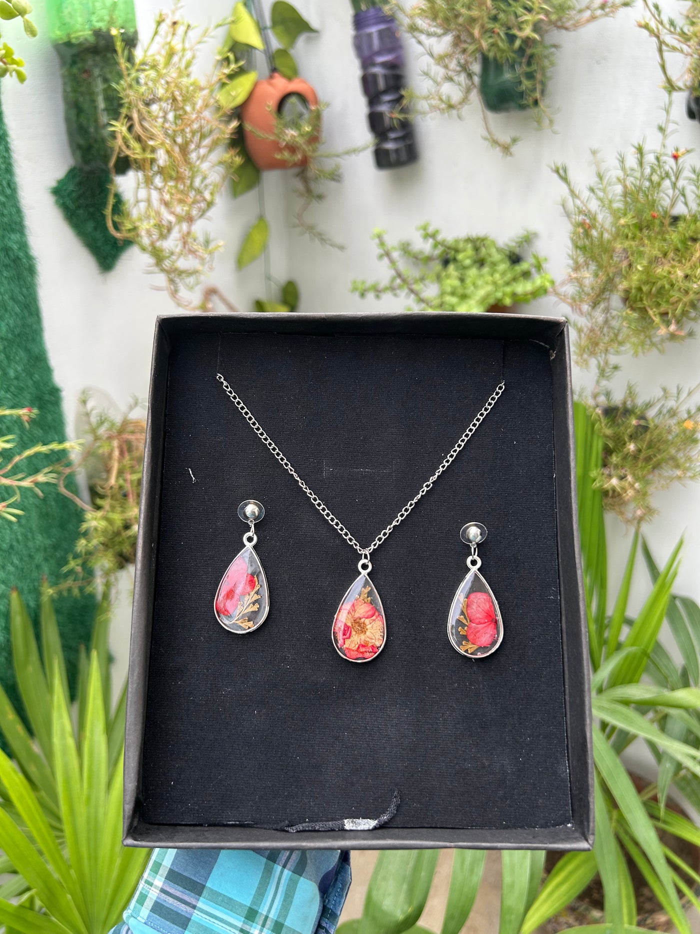 Handmade Resin Chain Locket & Earrings Set – Floral Design