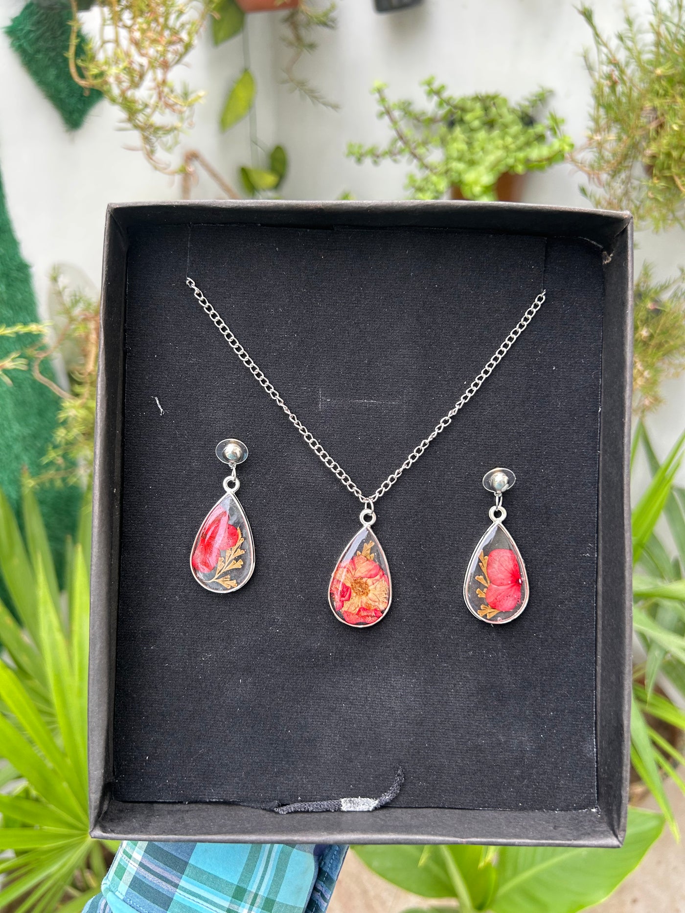 Handmade Resin Chain Locket & Earrings Set – Floral Design
